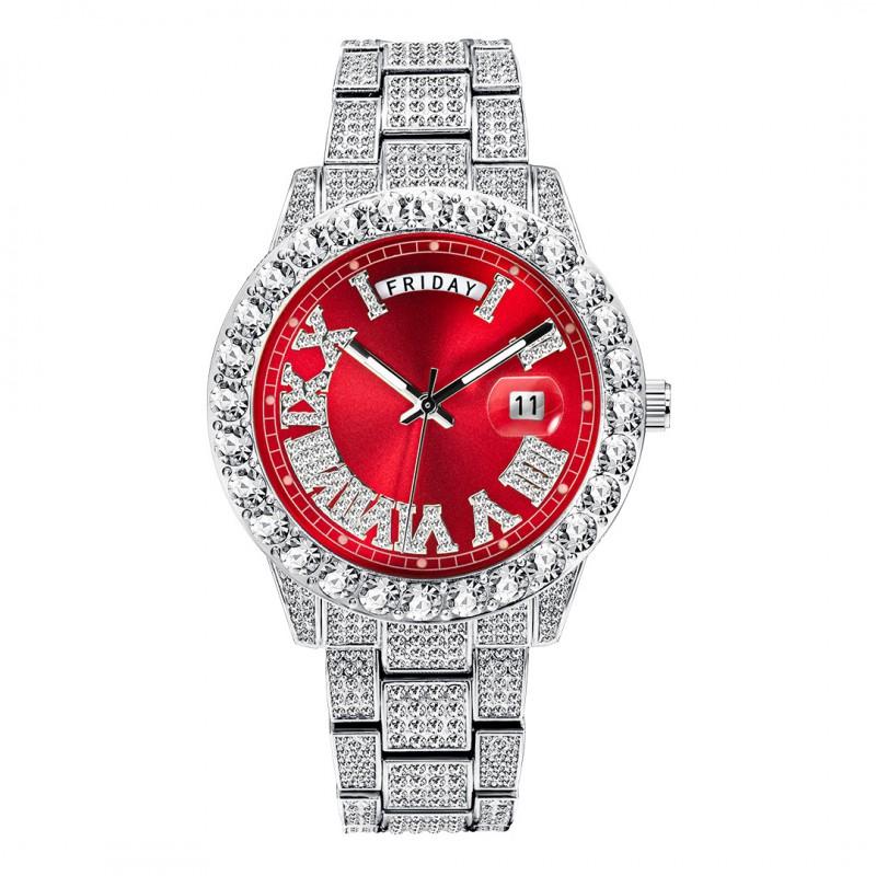 Mens Fashion Quartz Wrist Watch Dual Calendar Pink Dial Rhinestone Accents Luminous 30M Waterproof Stainless Steel Band