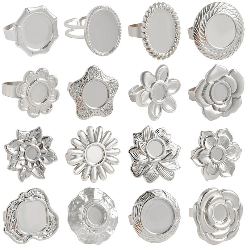 15Pcs Vintage Lotus Flower Oval Round Cabochon Blank Tray Ring Stainless Steel Rings For Women Men Handmade Energy Jewelry Gift