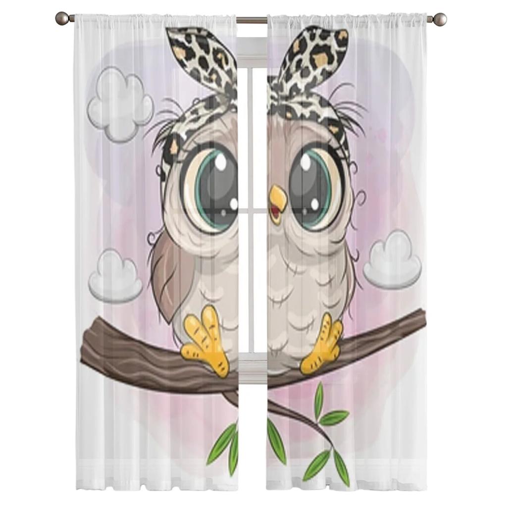 Cartoon Cute Owl Chiffon Sheer Curtains For Living Room Bedroom Decoration Window Tulle Curtains Drapes