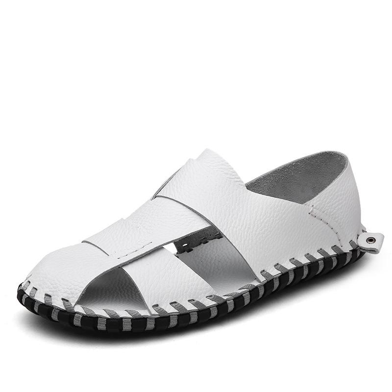 Fashion Summer Men's Sandals Low-cut Leather Flat-bottomed Beach Shoes, Large Size Handmade Stitching Hole Shoes H368