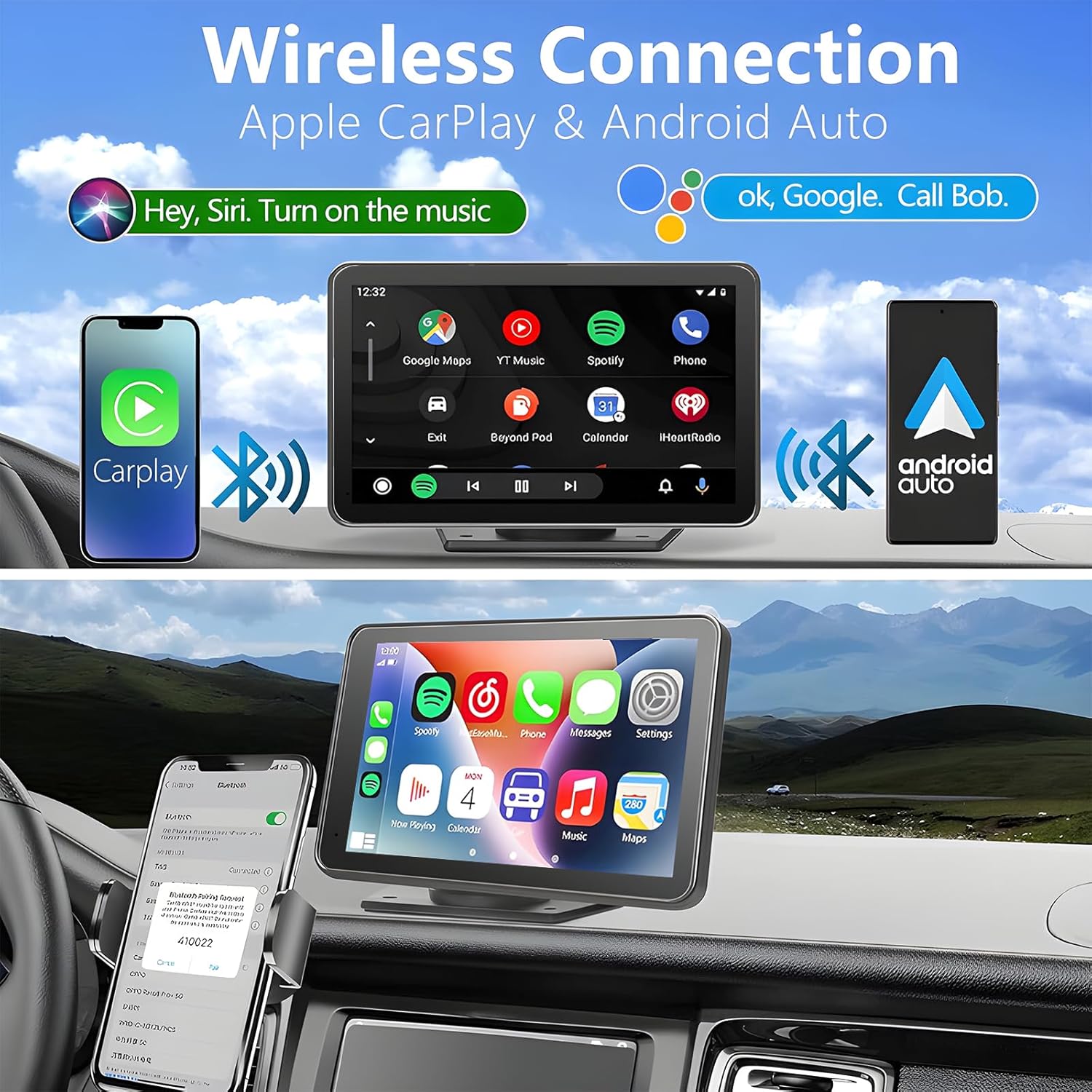 

7 Wireless CarPlay & Android Auto Screen with Backup Camera, GPS, Bluetooth, FM, AUX, Siri Support United States