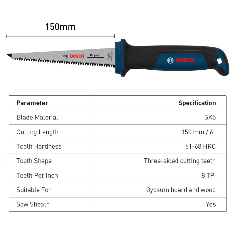 Bosch Gypsum Saw Drywall Saw 150mm 8TPI Three-sided Cutting Teeth Hardened with Tether Hole
