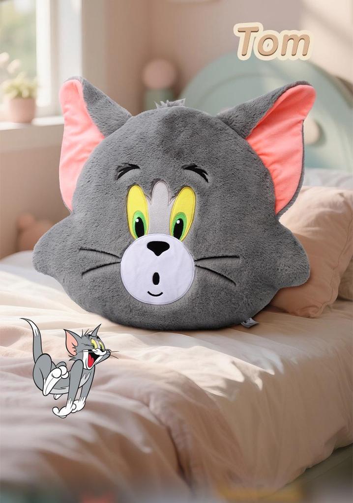 Genuine Tom and Jerry Plush Pillow: Cute Tom Cat Head & Jerry Mouse Backrest Doll