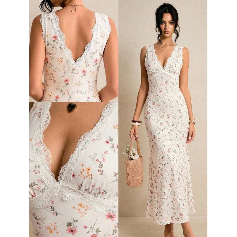 Europe, America 2026 summer new holiday style elegant floral sleeveless long fishtail dress women XS абрикосовый