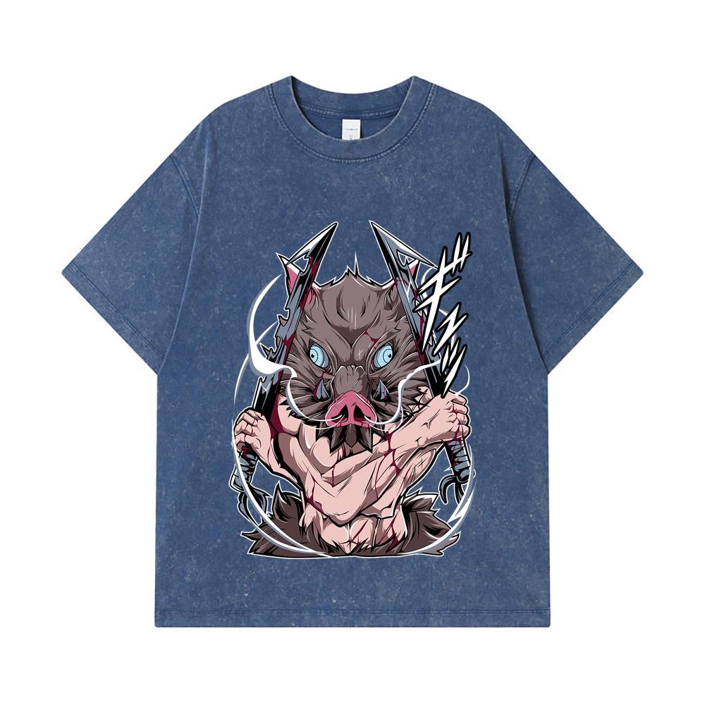 

275 GSM Washed T-shirts 100% Cotton Demon Slayer V4 Inosuke Print Unisex Heavy Cotton T Shirt 2XL королівський синій колір
