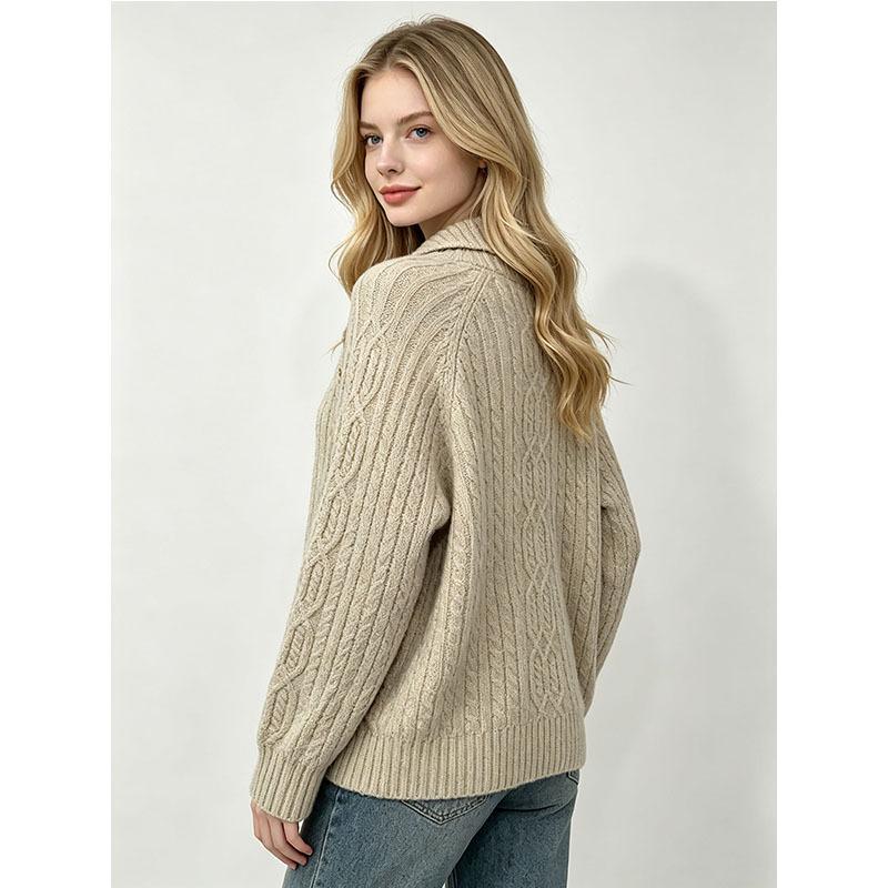 Women S Loose Fit Cable Knit Pullover Sweater With Turn Down Collar