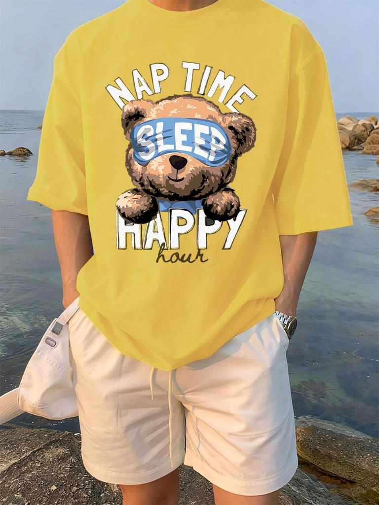 Cartoon Bear Nap Time Happy Prints TShirts Womens Cotton Summer Short Sleeve Tees Soft Loose ONeck Tops Casual Womans Clothes