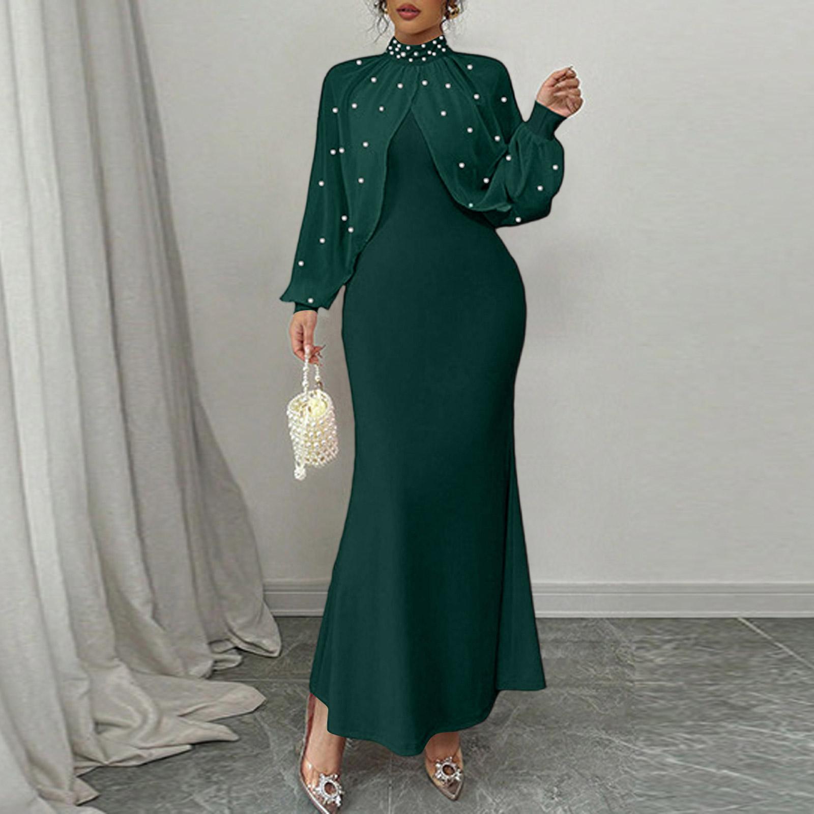 

Long Sleeve Maxi Dress with High Neck Embellished Cape Overlay Fitted Elegant Formal Gown for Women