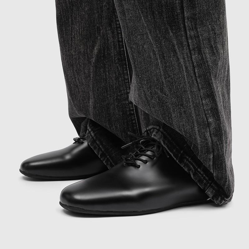 Mens Black Derby Loafers Clean Fit Casual Leather Style Business Shoes Round Toe Rubber Sole