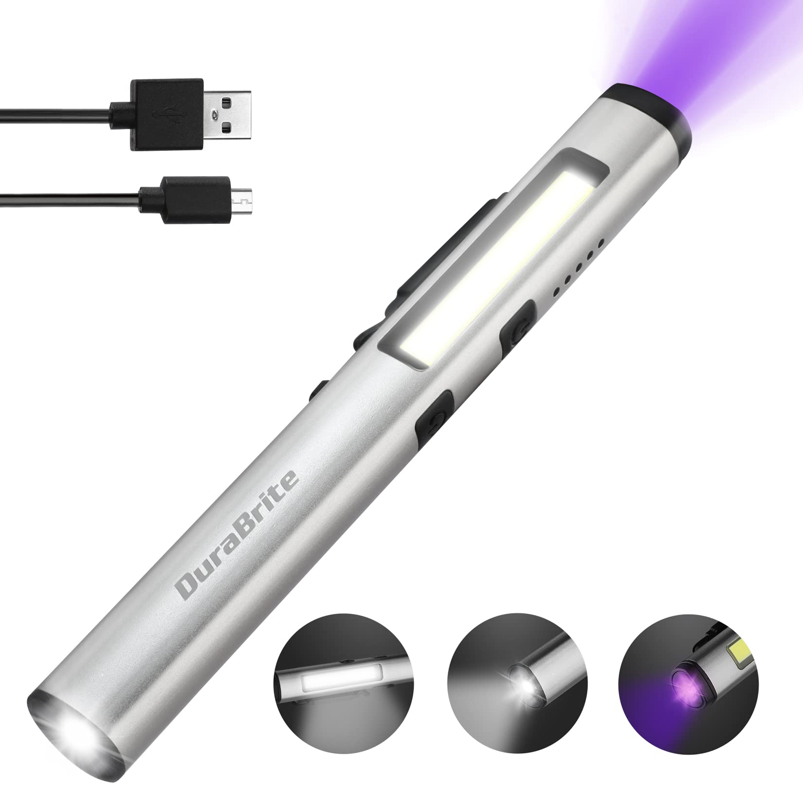 

DuraBrite Handheld LED COB 365nm UV USB Compact and Ideal for Mineral and Fluorescent Brightener Gray Flashlight, Flashlight, Penlight, Floodlight, серый