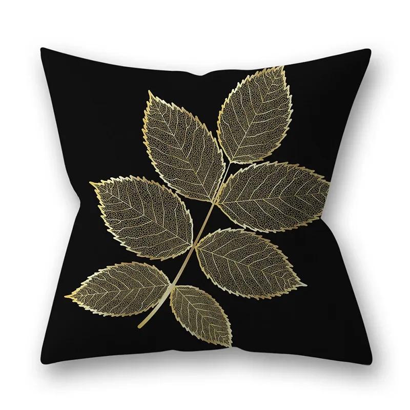 45x45cm Golden Feather Black Pillowcase Custom Leaves Plants Cushion Cover Sofa Living Room Home Decor Square Pillowslip