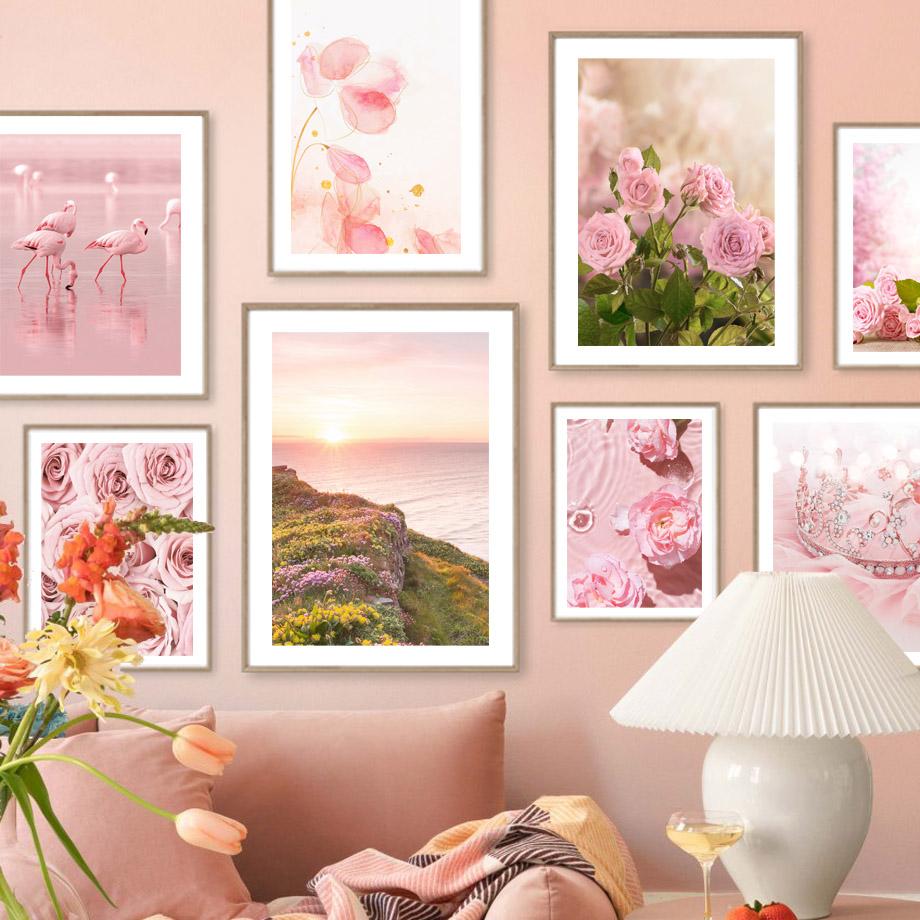 Pink Rose Orchid Sakura Crown Flower Canvas Painting Nordic Posters And Prints Wall Art Pictures For Living Room Home Decor