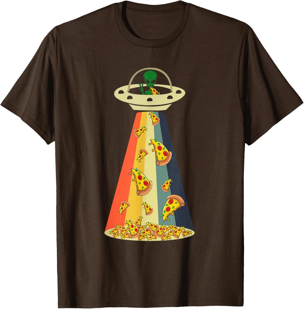 Pizza UFO Alien Abduction Graphic Retro Rainbow Light T-Shirt Funny Casual Cotton Tee