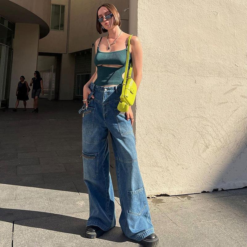 Autumn High Waist Button Up Straight Pants Retro Baggy 90s Denim Cargo Pants Fashion Vintage Harajuku Streetwear Jeans Women