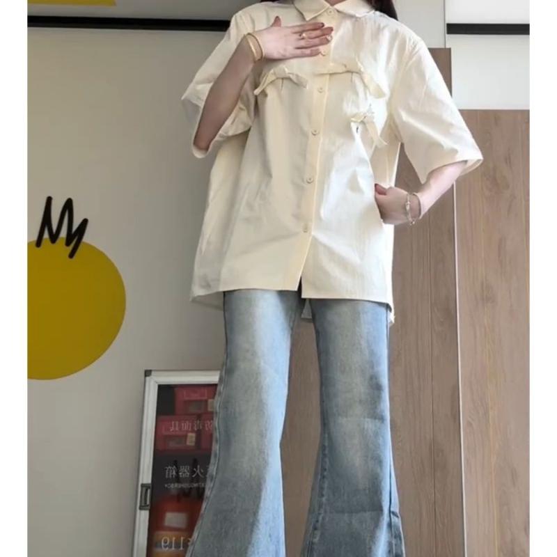 

Ladies Butterfly Bow Decoration Shirts Japanese Style Solid Color Women Lapel Short Sleeved Blouses Summer Loose Female Cardigan Tops XXL бежевый