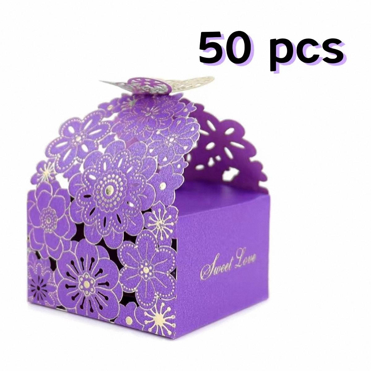 

50 Pcs/Set Flower Butterfly Hollow Candy Box Cookie Gift Boxes Butterfly Party Decoration Wedding Favors Cute Chocolate Box 7x6.5x4cm фиолетовый