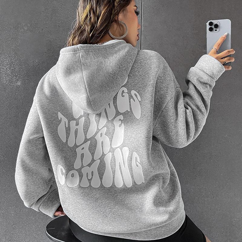 GOOD THINGS ARE COMING Women's Velvet Hoodie Solid Color Letter Printed Kangaroo Pocket Drawstring Printed Hoodie