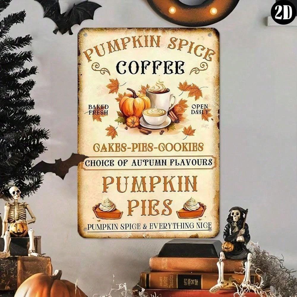 Metallposter Pumpkin Spice Coffee, Vintage Blechschild für die Wand, Herbstküchendekoration