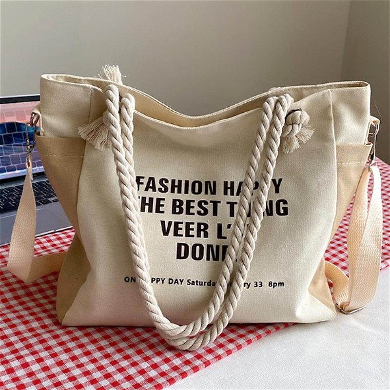 Women Canvas Tote Bag Large Capacity Shoulder Crossbody Bag Casual Letter Print Handbag Rope Handle Shopping Travel Tote