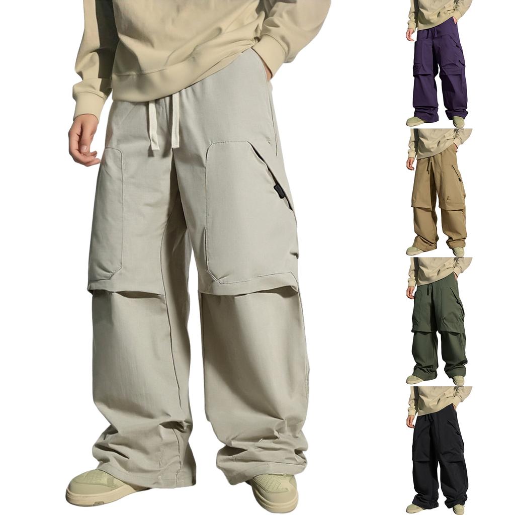 Men's Casual Solid Color Multi-pocket Cargo Pants, Men's Knee-pleated Elastic Waist-cinching Loose Straight-leg Trousers