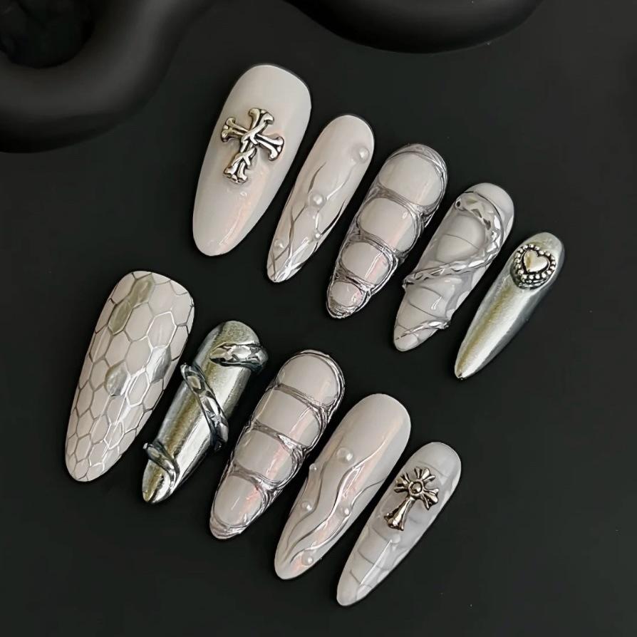 Almond Press On Nails Reusable Fake Nails with Designs Reusable False Nails Press Ons Glossy Full Cover Acrylic Glue On Nails Stick On Nail for Women