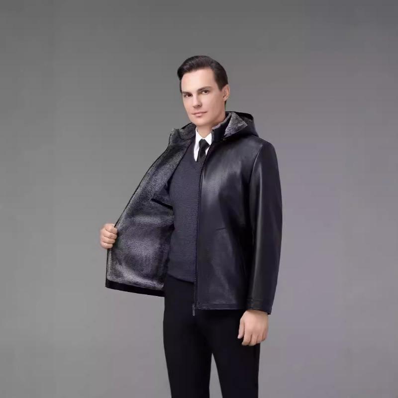 Herbst- und Winterpelz All-in-One Herren Lammfell Lederjacke Lammwolle Mittelalter Kapuzenpelzmantel dick