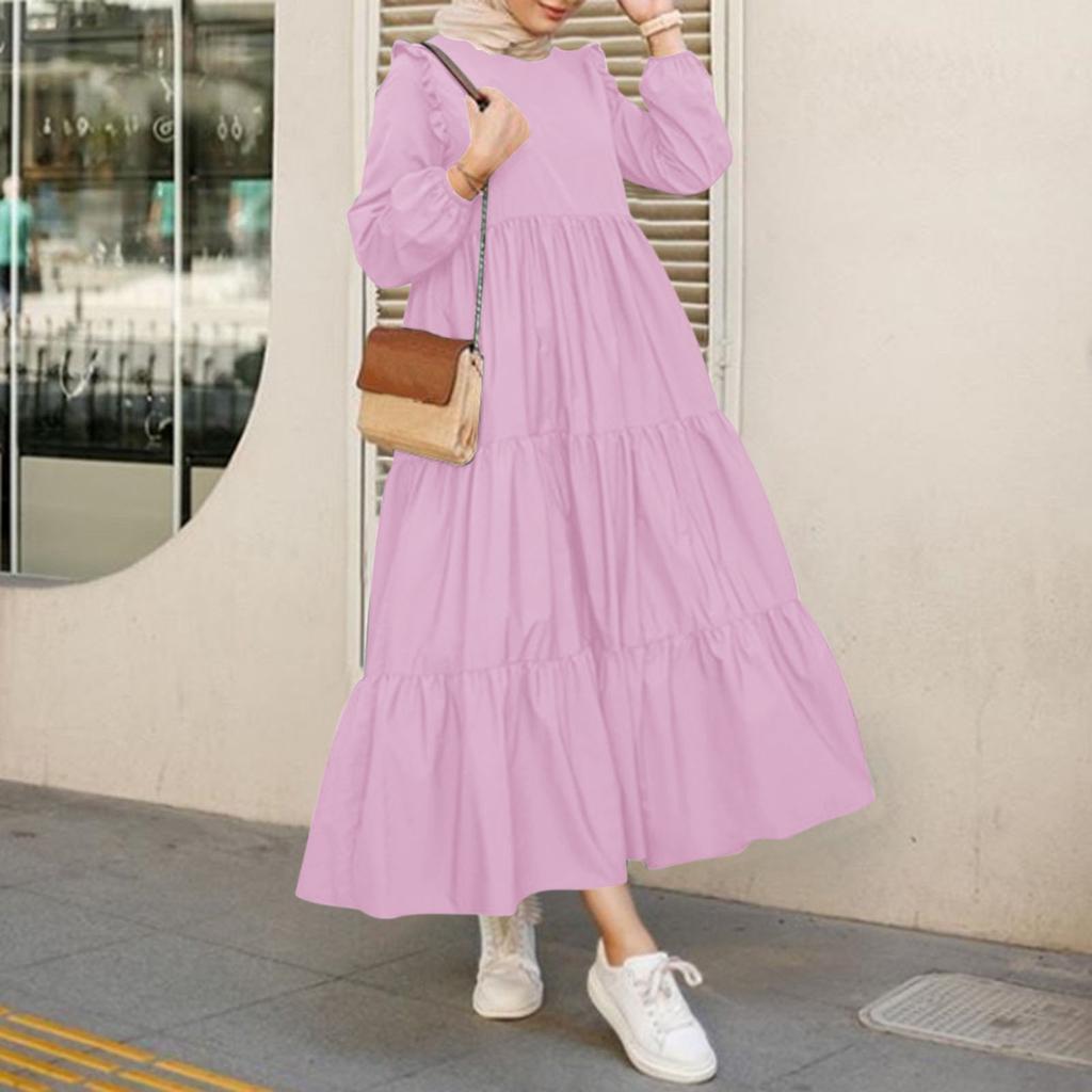 Women's Casual Long Sleeve Round Neck Color Dress Long Dress Robe