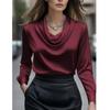 Women cowl draped neck silky glossy long sleeve slim fit office blouse