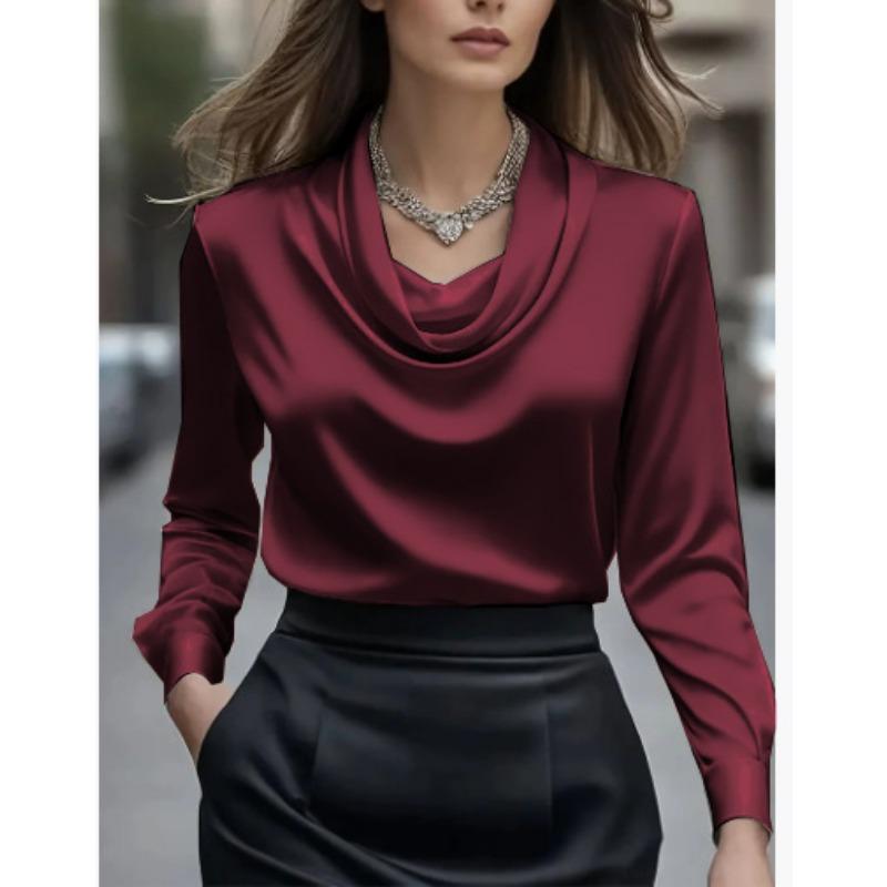 Women cowl draped neck silky glossy long sleeve slim fit office blouse