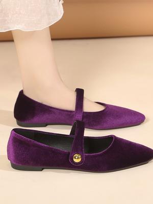 Fashion Elegant Velvet Ballet Flats Woman Luxury Velour Mary Jane Shoes Ladies Pointed Toe Buckle Strap Loafers In Purple Green