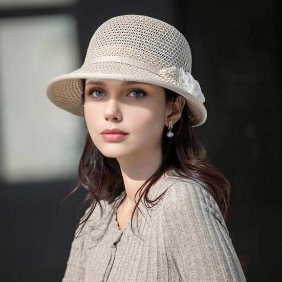 Women Basin Hat Flower Bow Decor Wide Brim Summer Bucket Hat Face-Slimming Outdoor Travel Beach Hat Headwear