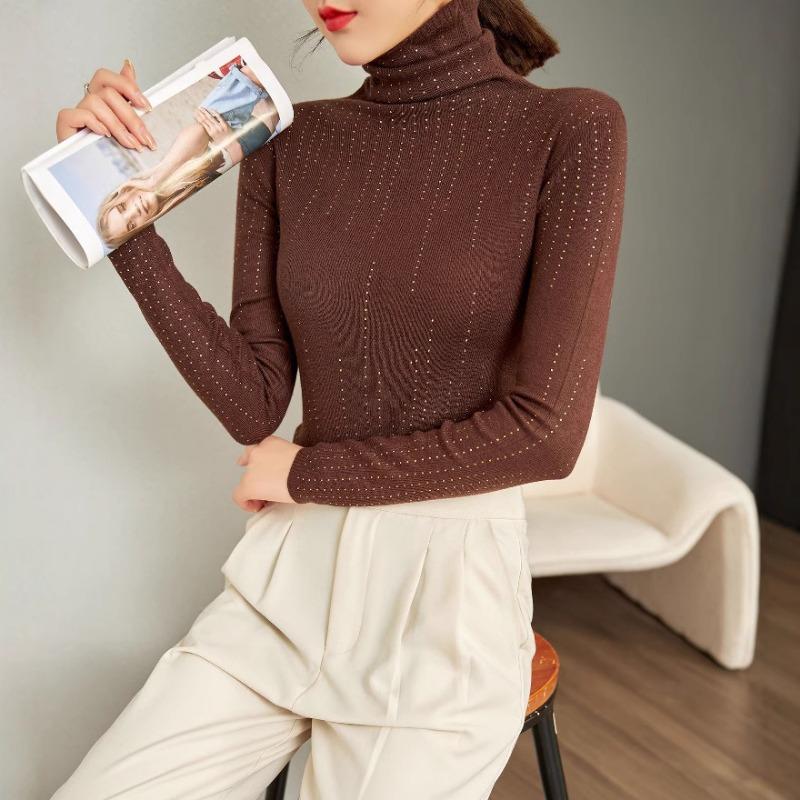 

Тяжелая промышленность полосатый саржевый шелк тутового дерева шерстяная базовая водолазка осенний эластичный тонкий вязаный свитер женский свитер 120 кофейный