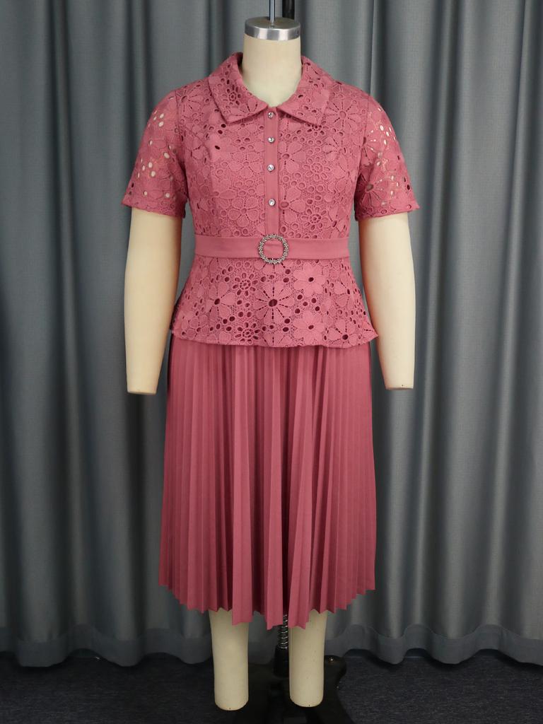 AOMEI Umlegekragen, Kurzarm, Spitze, Patchwork, hohe Taille, A-Linie, plissiertes Büro-Arbeitskleid für Damen