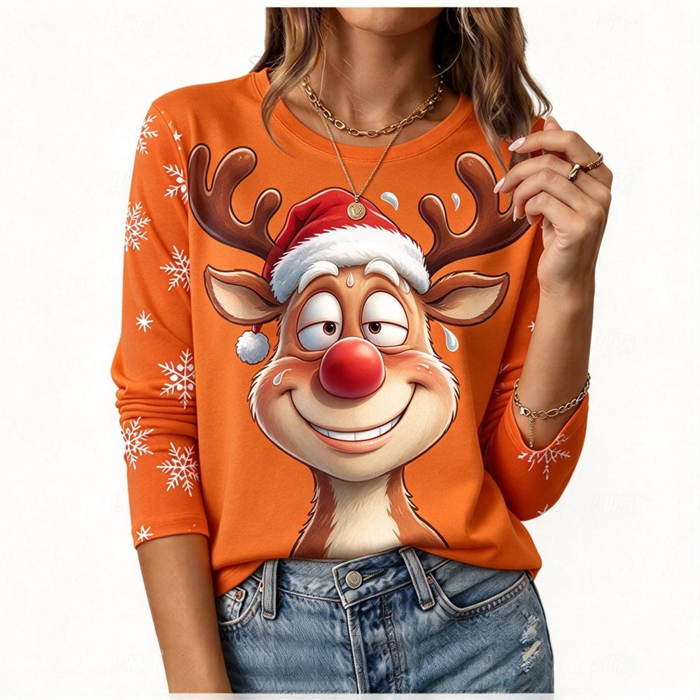 Funny Elk T-shirt Autumn/Winter Women's Christmas Long sleeved T-shirt Cotton Women Christmas Holiday Party Graphic T-shirt Tops