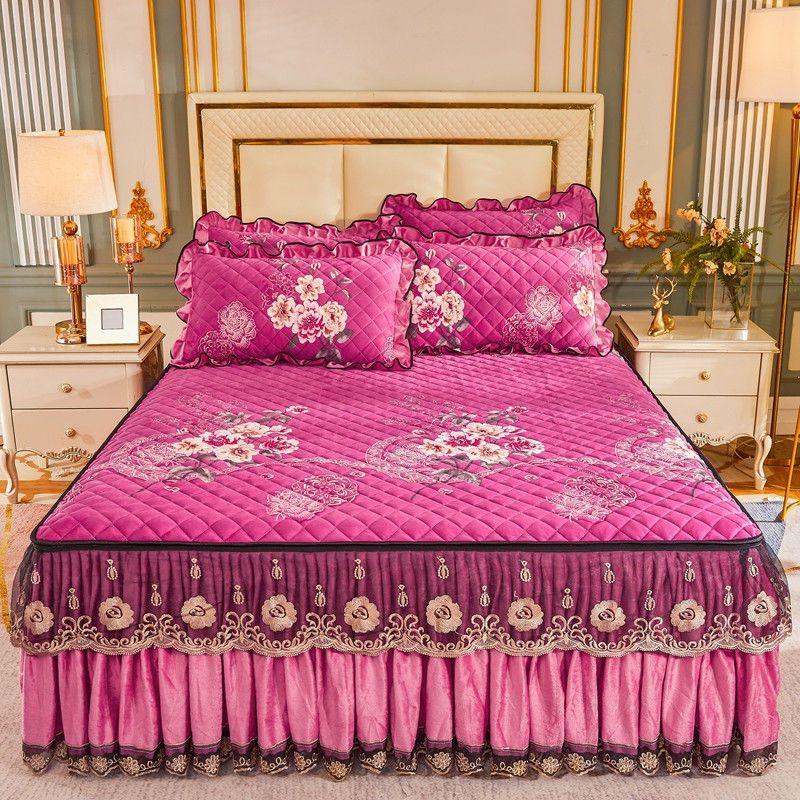High Grade Winter Crystal Velvet Thicken Quilted Bedspread King Queen Size Flannel Quilting Bed Skirt Including Pillowcase