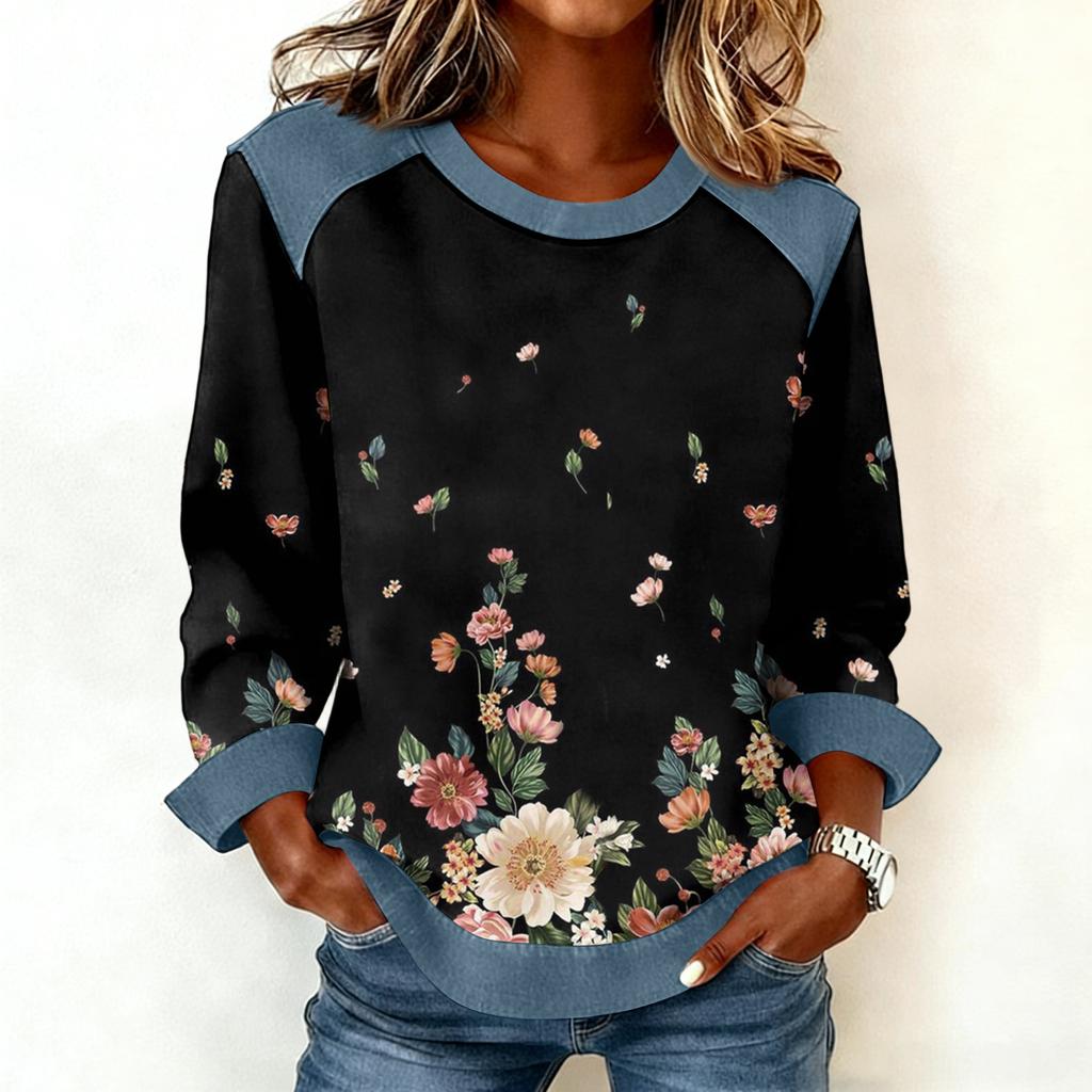 Dames sweatshirt met denim kraag en patchworkstiksels, casual trui met lange mouwen.