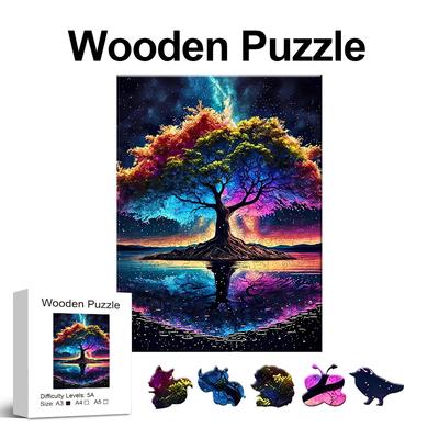 Barevné dřevěné puzzle Stromové umění, Hračky s jedinečně tvarovanými zvířecími dílky, Vánoční dárek s krásným balením Dekorace do domácnosti