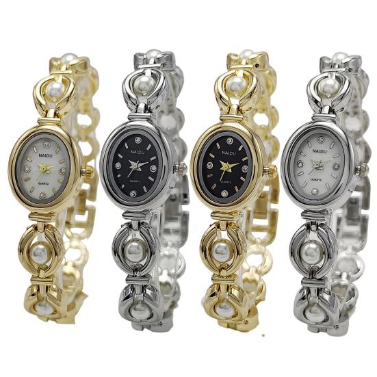 Ladies Bracelet Watch Faux Pearl Oval Dial Watch Women Vintage Quartz Wristwatch Elegant Dress Watch for Party Date