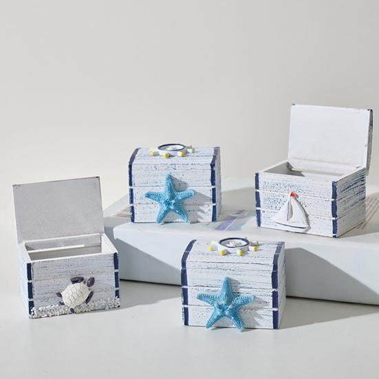 Yousheng Coastal Wooden Trinket Box Handcrafted Nautical Jewelry Box with Starfish Shells Rustic Decorative Storage Box for Beach Home Decor