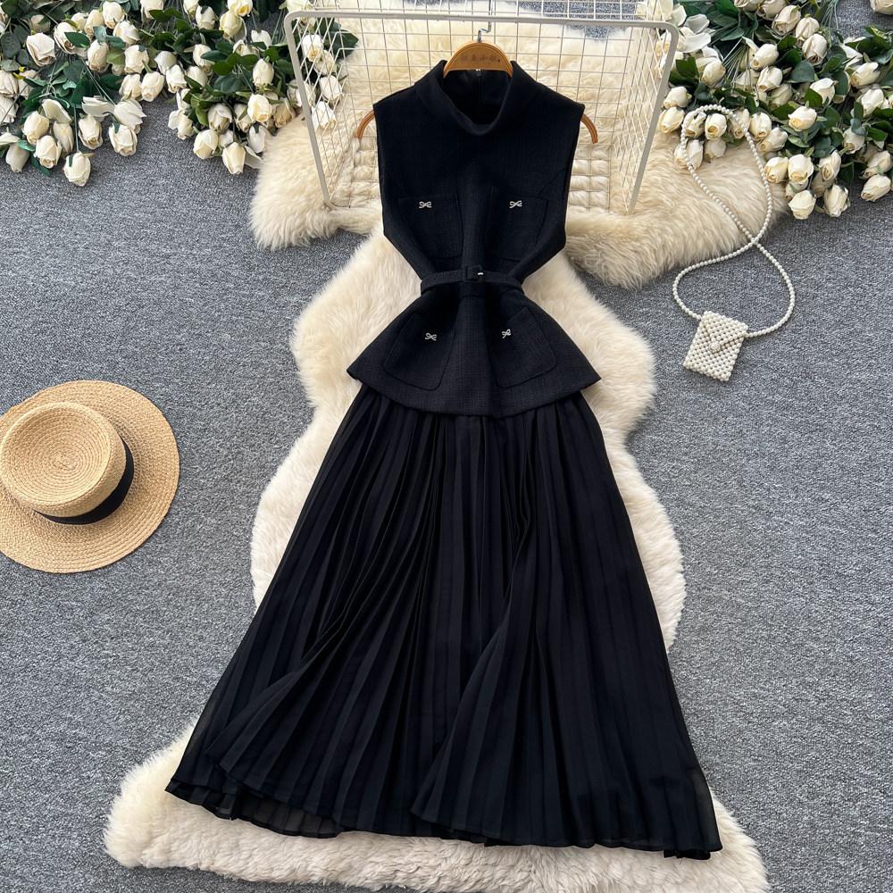French gentle wind sleeveless lapel dress women's summer high waist pleated splicing dress elegant temperament