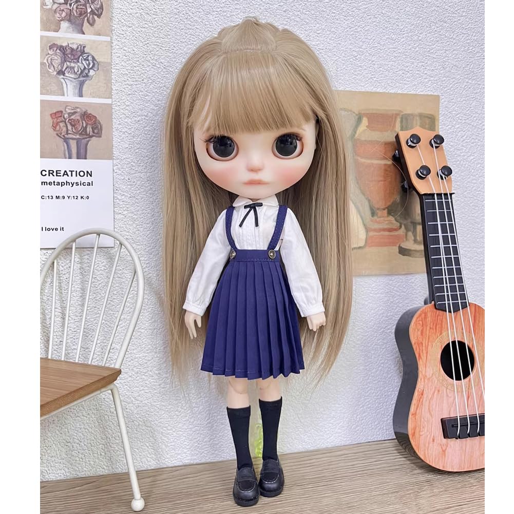 rakulifey Blythe doll outfit set: Long-sleeved shirt, skirt, school uniform, suitable for Neo Blythe and Obitsu 24 dolls, 3 colors (gray)