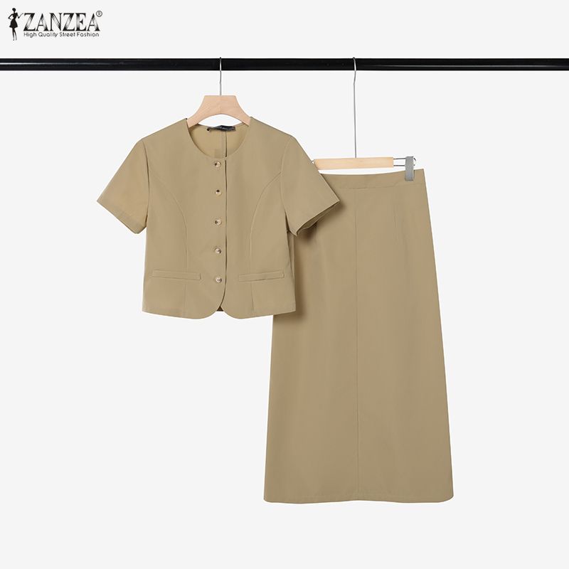 ZANZEA Women Short Sleeve Blouse and Skirts Summer Two Piece Suit Sets