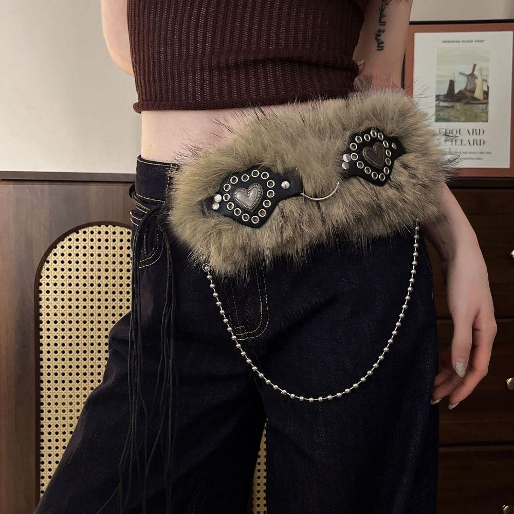 Retro Leather Fur Belt Spicy Girl Style Y2K Plush Waist Belt Fashion Furry Waistband  Daily