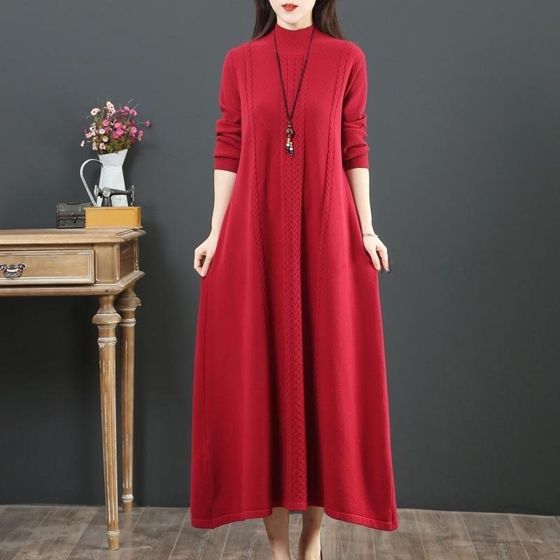 Podzimní a zimní dámské svetrové šaty s kulatým výstřihem, pletené, dlouhé šaty, volné, plus size šaty