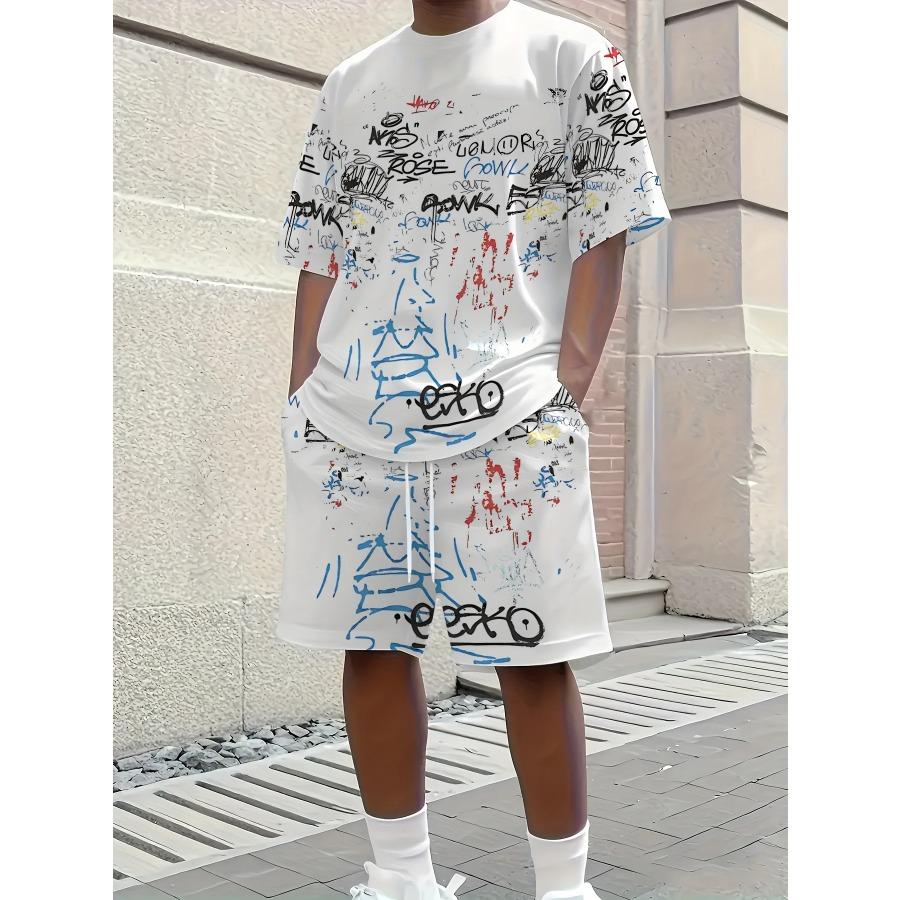 Summer Men's Set Minimalist Athletic Casual Crew Neck T-Shirt Streetwear Breathable Short-Sleeve Top and Shorts Two-Piece Set