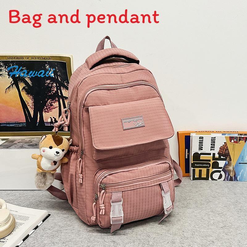 Simple Color Solid Checkered Texture Student Backpack With Pendant Plush