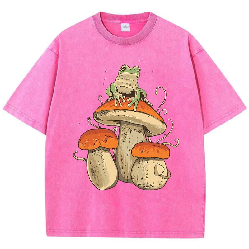 Mushroom Frog Art Aesthetics Print Washed T Shirt Women Summer Vintage Short Sleeves Cotton Loose O-Neck T-Shirt