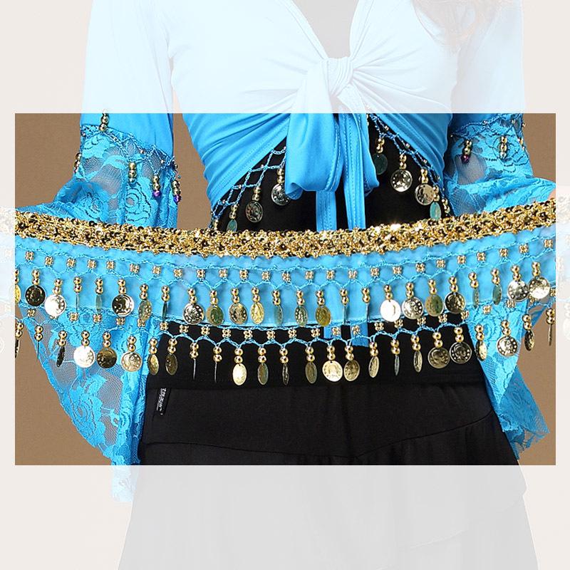 Gold-Edged Indian Dance Hip Scarf with Hanging Coins for Belly and Square Dance Performances