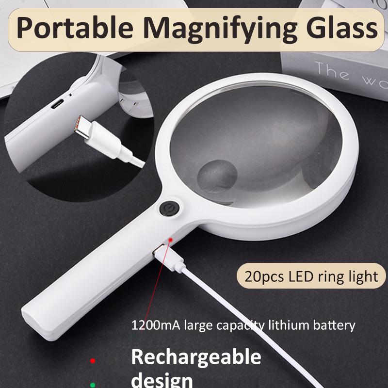 Handheld Magnifier 10/15/30X Rechargeable Illuminated Magnifying Glass with 3 Light Modes Portable Magnifier for Reading Repair