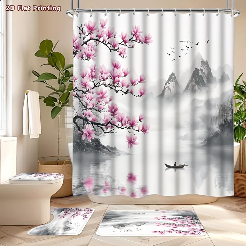 4Pcs 2D Flat Pink Magnolia Blossom Shower Curtain Set with Non-Slip Bath Mat, Toilet Lid Cover, Contour Rug & 12 Hooks, Bathroom Decor